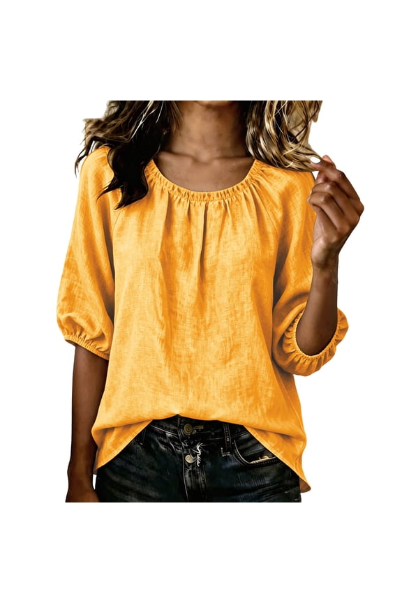 Womens Plus Stretch 3/4 Raglan Puff Sleeve Shirts, Ruched Round Neck Loose Fit Curved Hem Blouse for Business Casual Work Office