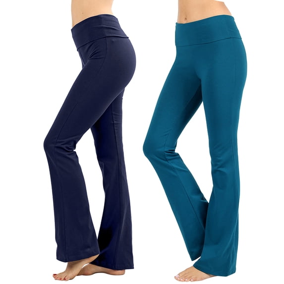 Womens & Plus Stretch Cotton Foldover Waist Bootcut Workout Yoga Pants (2PK: NAVY/TEAL, 1X)