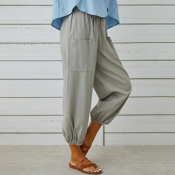Womens Plus Summer Casual Loose Cotton And Linen Pocket Solid Trousers Pants