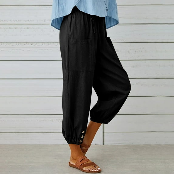 Womens Plus Summer Casual Loose Cotton And Linen Pocket Solid Trousers Pants