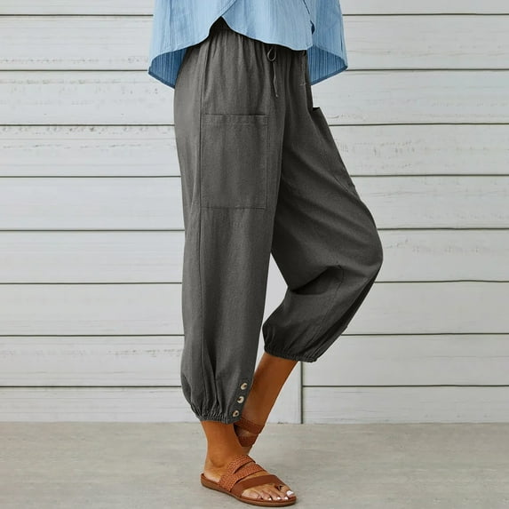 Womens Plus Summer Casual Loose Cotton And Linen Pocket Solid Trousers Pants