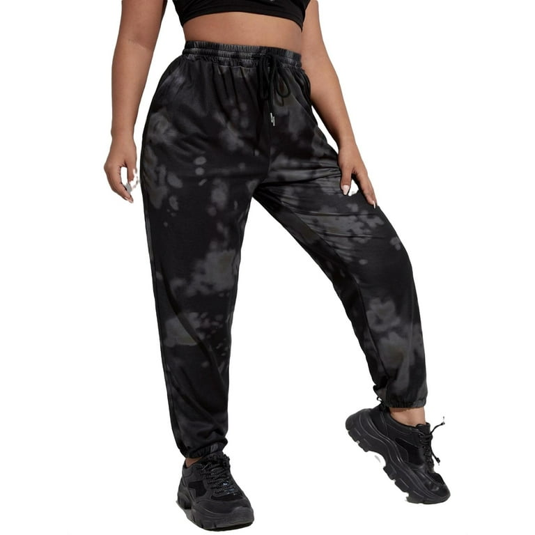 Womens Plus Sweatpants Tie Dye Drawstring Closure Drawstring Waist High Waist Black 2XL