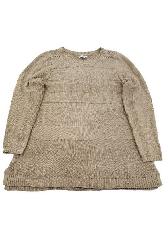 Womens Plus Tan Brown Horizontal Stripes Long Sleeve Knit Sweater Top Shirt 2X