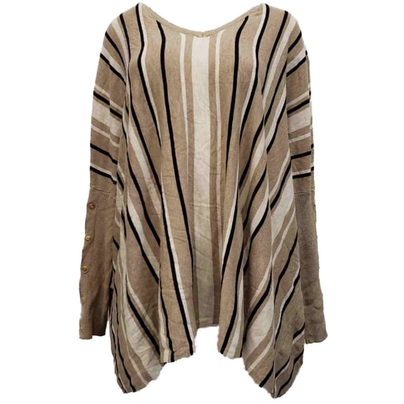 Womens Plus Tan and Black Striped V Neck Button Sleeve Winter Shirt Sweater 1X
