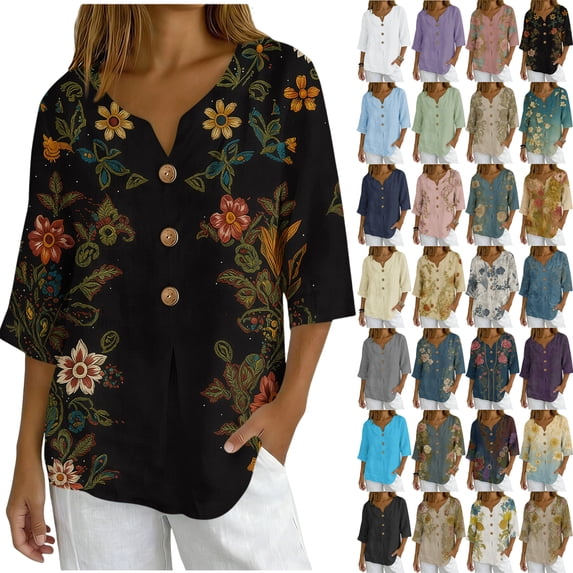 Womens Plus Tops Casual Fashion Printed Short Sleeve Button Shirt Loose T-shirt Blouse