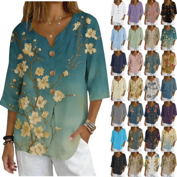 Womens Plus Tops Casual Fashion Printed Short Sleeve Button Shirt Loose T-shirt Blouse