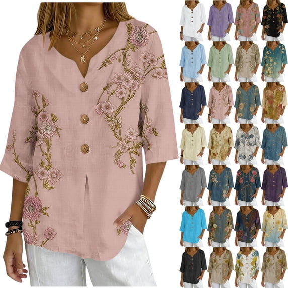 Womens Plus Tops Casual Fashion Printed Short Sleeve Button Shirt Loose T-shirt Blouse