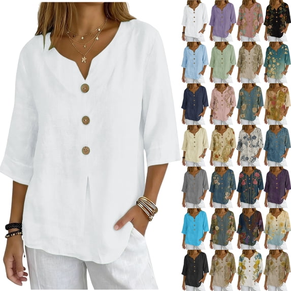 Womens Plus Tops Casual Fashion Solid Short Sleeve Button Shirt Loose T-shirt Blouse