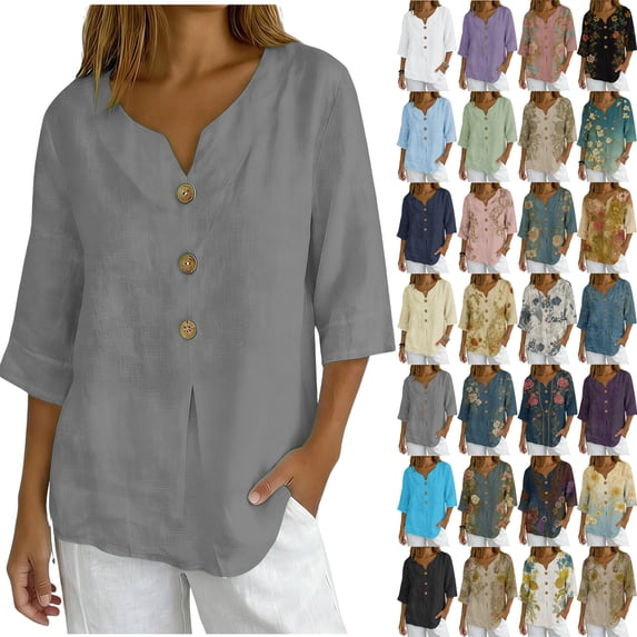 Womens Plus Tops Casual Fashion Solid Short Sleeve Button Shirt Loose T-shirt Blouse