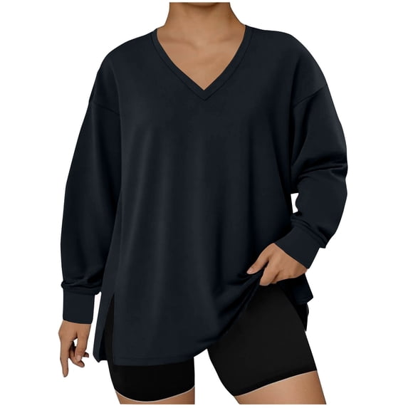 Womens Plus V-Neck Fleece Sweatshirt, Fall Winter Casual Loose Long Sleeve Pullover Tops Size Split B-Navy 3XL