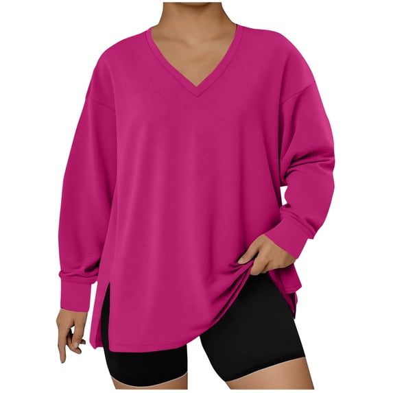Womens Plus V-Neck Fleece Sweatshirt, Fall Winter Casual Loose Long Sleeve Pullover Tops Size Split B-Pinky L