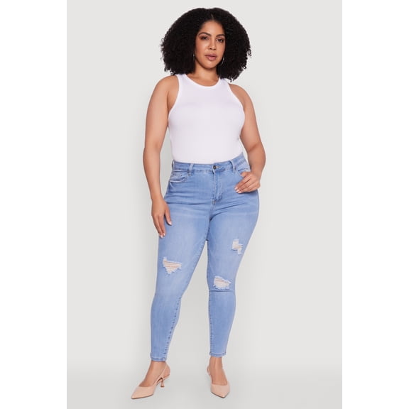 Womens Plus WAX High Waisted Distressed Skinny Jeans
