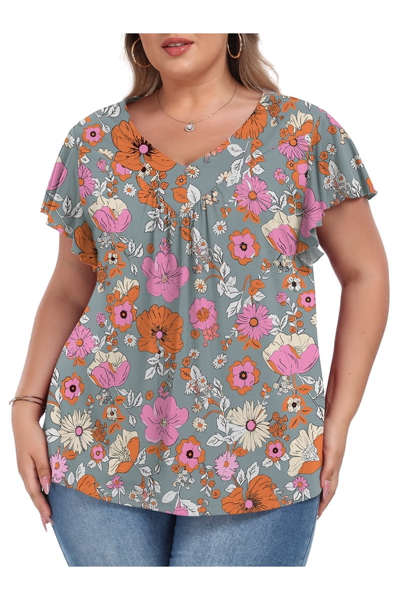 Womens Plus size Top V Neck Short Ruffled Cap Sleeves T Shirts Loose Summer Tops For Women With Neckline Shirred XL-5XL