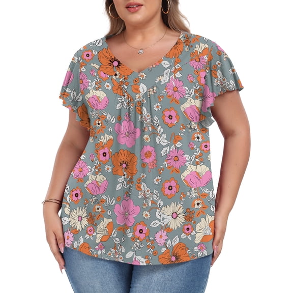 Womens Plus size Top V Neck Short Ruffled Cap Sleeves T Shirts Loose Summer Tops For Women With Neckline Shirred XL-5XL
