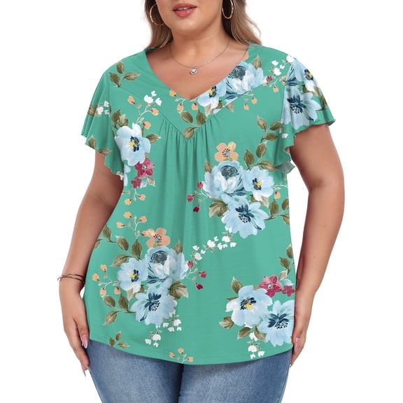 Womens Plus size Top V Neck Short Ruffled Cap Sleeves T Shirts Loose Summer Tops For Women With Neckline Shirred XL-5XL