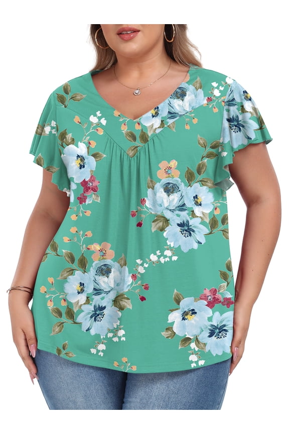 Womens Plus size Top V Neck Short Ruffled Cap Sleeves T Shirts Loose Summer Tops For Women With Neckline Shirred XL-5XL