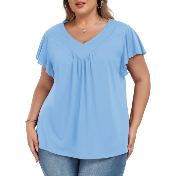 Womens Plus size Top V Neck Short Ruffled Cap Sleeves T Shirts Loose Summer Tops For Women With Neckline Shirred XL-5XL
