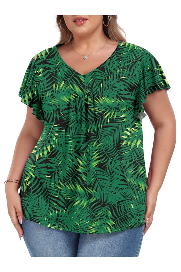 Womens Plus size Top V Neck Short Ruffled Cap Sleeves T Shirts Loose Summer Tops For Women With Neckline Shirred XL-5XL