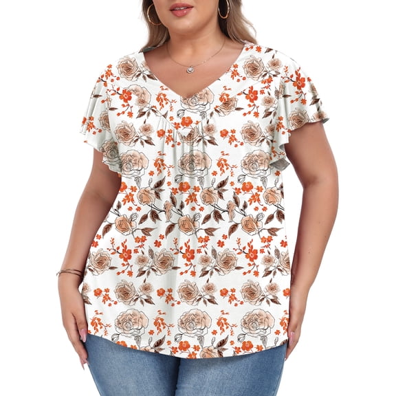 Womens Plus size Top V Neck Short Ruffled Cap Sleeves T Shirts Loose Summer Tops For Women With Neckline Shirred XL-5XL