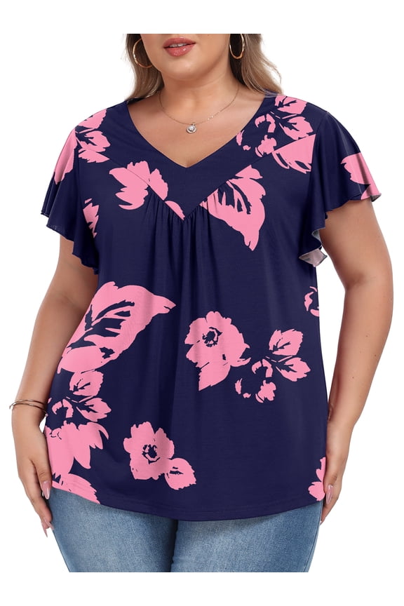 Womens Plus size Top V Neck Short Ruffled Cap Sleeves T Shirts Loose Summer Tops For Women With Neckline Shirred XL-5XL