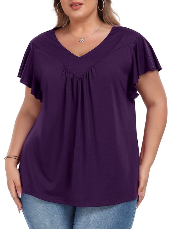Womens Plus size Top V Neck Short Ruffled Cap Sleeves T Shirts Loose Summer Tops For Women With Neckline Shirred XL-5XL