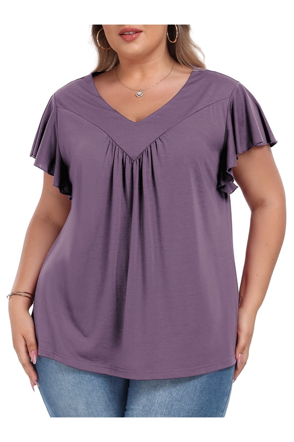 Womens Plus size Top V Neck Short Ruffled Cap Sleeves T Shirts Loose Summer Tops For Women With Neckline Shirred XL-5XL