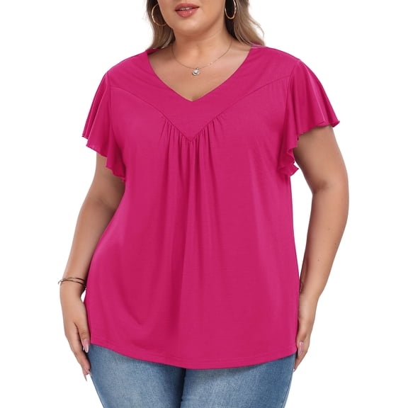 Womens Plus size Top V Neck Short Ruffled Cap Sleeves T Shirts Loose Summer Tops For Women With Neckline Shirred XL-5XL