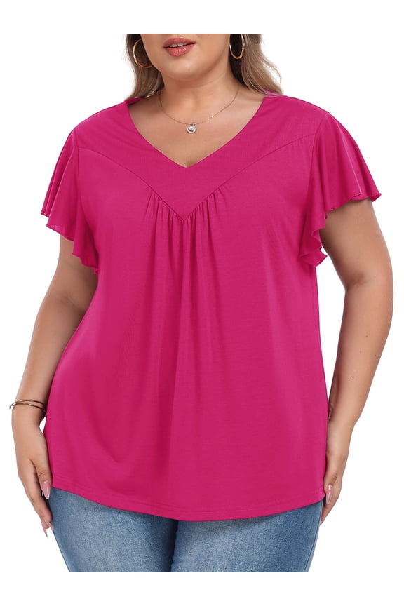 Womens Plus size Top V Neck Short Ruffled Cap Sleeves T Shirts Loose Summer Tops For Women With Neckline Shirred XL-5XL