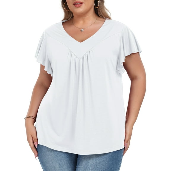 Womens Plus size Top V Neck Short Ruffled Cap Sleeves T Shirts Loose Summer Tops For Women With Neckline Shirred XL-5XL