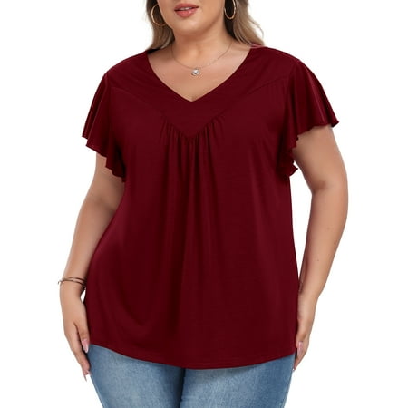 Womens Plus size Top V Neck Short Ruffled Cap Sleeves T Shirts Loose Summer Tops For Women With Neckline Shirred XL-5XL