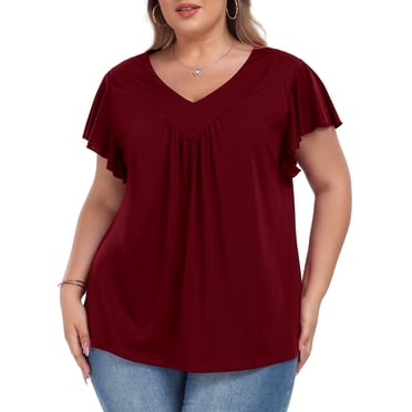 Womens Plus size Top V Neck Short Ruffled Cap Sleeves T Shirts Loose Summer Tops For Women With Neckline Shirred XL-5XL