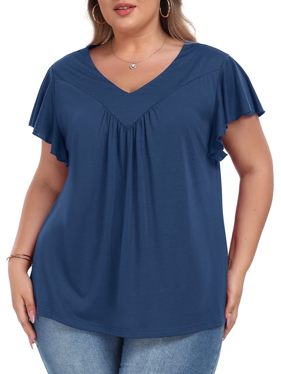 Womens Plus size Top V Neck Short Ruffled Cap Sleeves T Shirts Loose Summer Tops For Women With Neckline Shirred XL-5XL