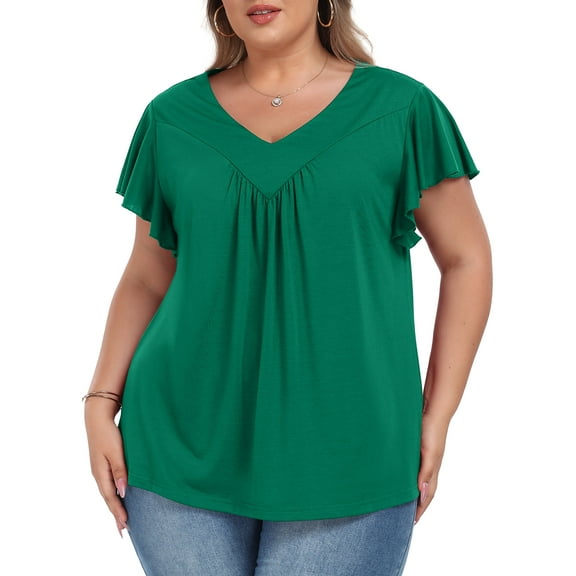 Womens Plus size Top V Neck Short Ruffled Cap Sleeves T Shirts Loose Summer Tops For Women With Neckline Shirred XL-5XL