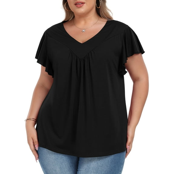 Womens Plus size Top V Neck Short Ruffled Cap Sleeves T Shirts Loose Summer Tops For Women With Neckline Shirred XL-5XL