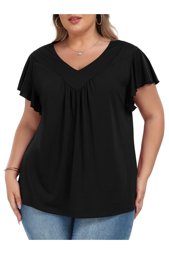Womens Plus size Top V Neck Short Ruffled Cap Sleeves T Shirts Loose Summer Tops For Women With Neckline Shirred XL-5XL