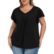 Womens Plus size Top V Neck Short Ruffled Cap Sleeves T Shirts Loose Summer Tops For Women With Neckline Shirred XL-5XL