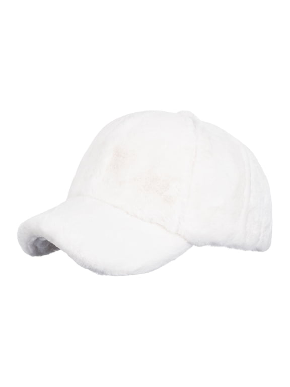 Womens White Plush Faux Faux Fur Baseball Cap Soft Fuzzy Winter Hat Warm Lined Teddy for Cold Weather One Size,Size Free Size