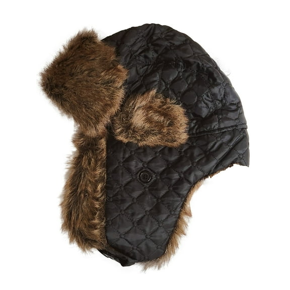 Womens Plush Black & Brown Diamond Quilted Trapper Hat Cap