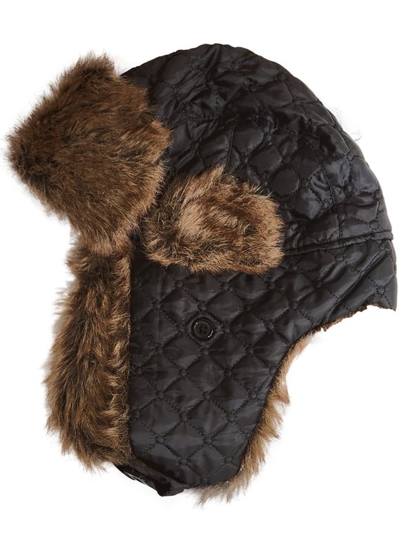 Womens Plush Black & Brown Diamond Quilted Trapper Hat Cap