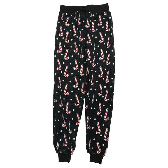 Womens Plush Black Candycane Holiday Joggers Sleep Pants Pajama Bottoms Large