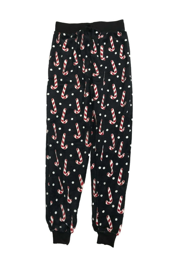 Womens Plush Black Candycane Holiday Joggers Sleep Pants Pajama Bottoms Medium