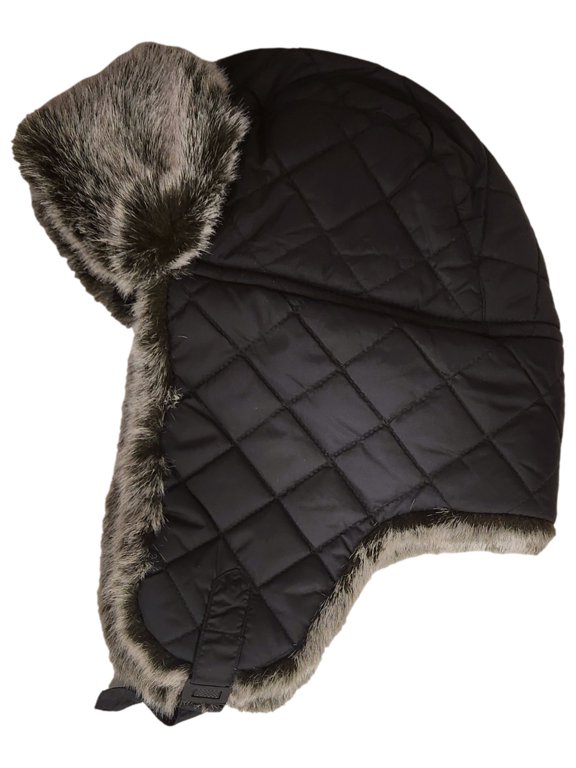 Womens Plush Black & Gray Quilted Trapper Hat