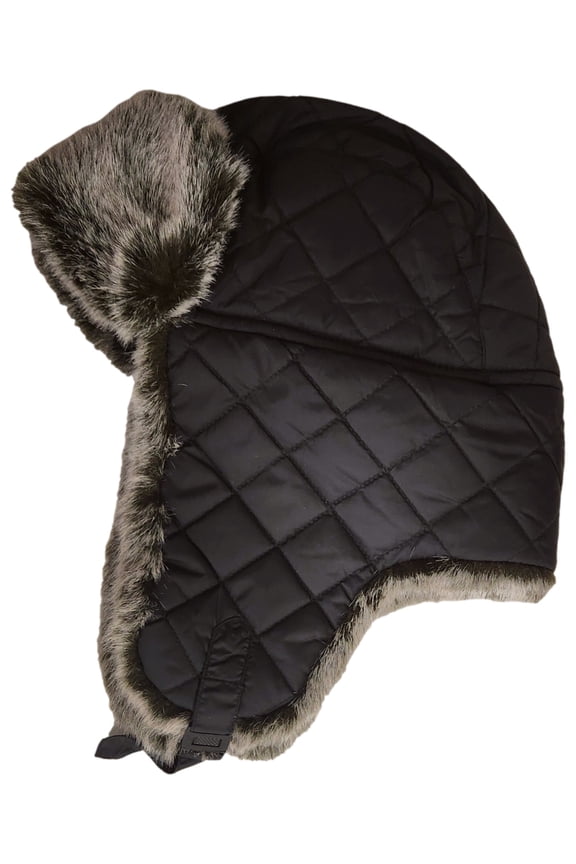 Womens Plush Black & Gray Quilted Trapper Hat