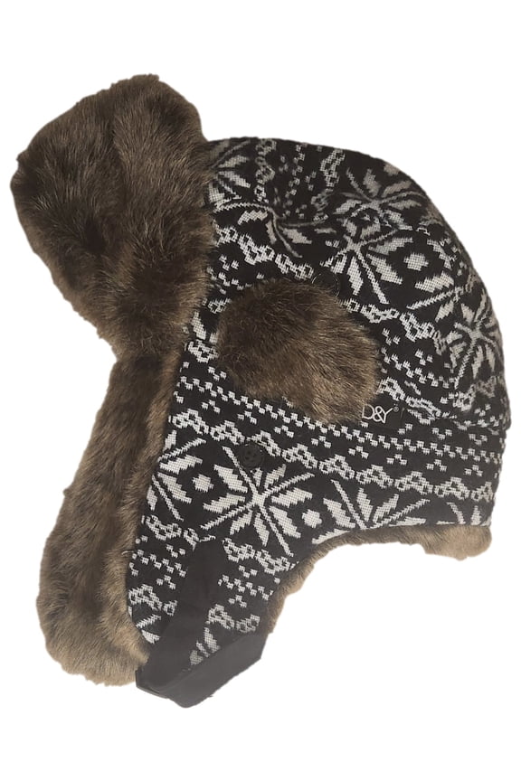 Womens Plush Black & White Snowflake Print Trapper Hat