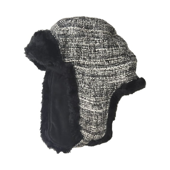 Womens Plush Black & White Tweed Fleeced Lined Trapper Hat