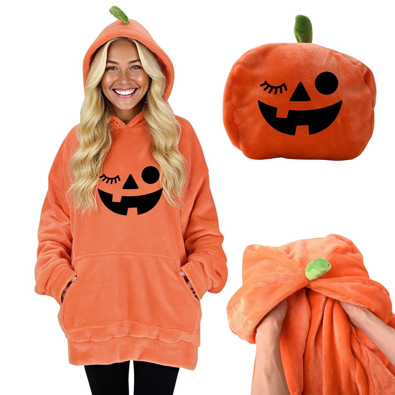 Womens Plush Blanket Hoodie 2-in-1 Oversized Hoodies Pillow Long Sleeve Sweatshirt Mens Adult Halloween Holiday Gift Orange, L
