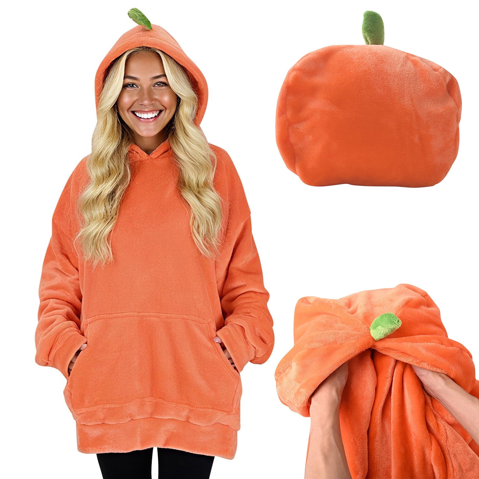 Womens Plush Blanket Hoodie 2-in-1 Oversized Hoodies Pillow Long Sleeve Sweatshirt Mens Adult Halloween Holiday Gift Orange, L