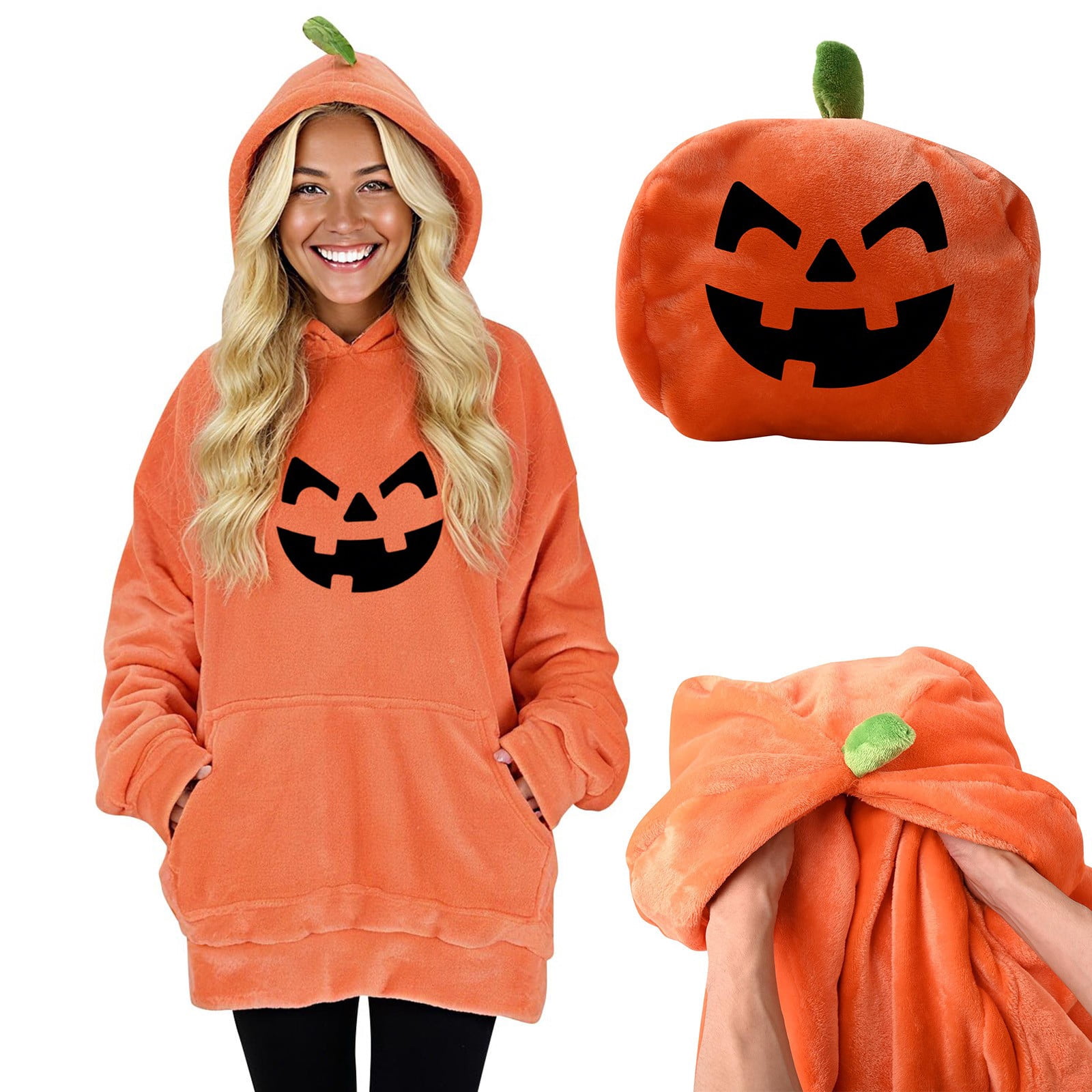 Womens Plush Blanket Hoodie 2-in-1 Oversized Hoodies Pillow Long Sleeve Sweatshirt Mens Adult Halloween Holiday Gift Orange, M