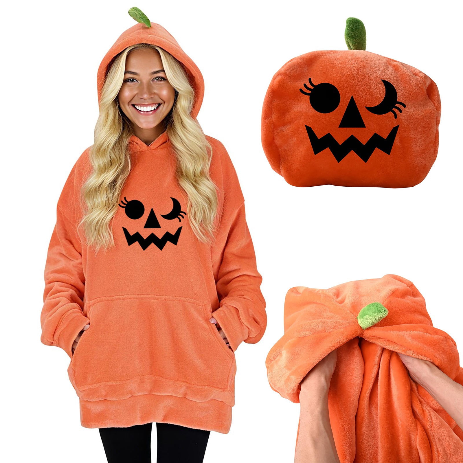 Womens Plush Blanket Hoodie 2-in-1 Oversized Hoodies Pillow Long Sleeve Sweatshirt Mens Adult Halloween Holiday Gift Orange, M