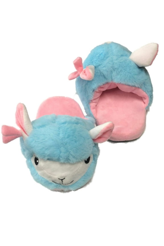 Womens Plush Blue & Pink Llama Slippers Scuffs House Shoes Small 5-6